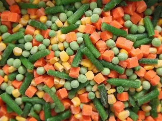 Verduras mixtas IQF, Verduras mixtas congeladas, Mezcla de verduras, Judías verdes, Guisantes verdes, Zanahoria, Grano de maíz, Pimienta, Cebolla, 3/4/5/6, Mezcla de verduras, Verduras congeladas